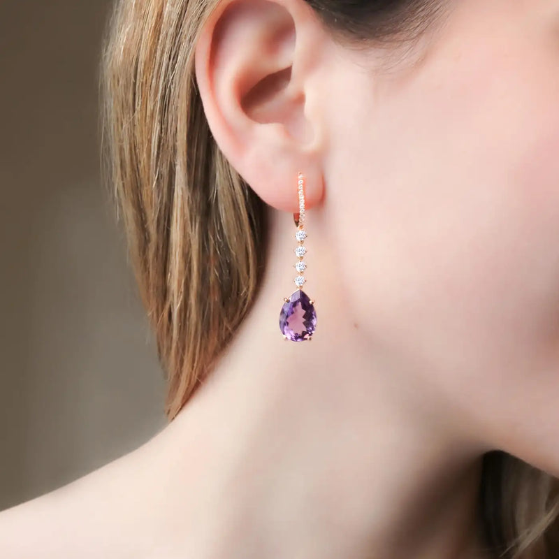 Georgios Collections 18 Karat Rose Gold Long Pear Amethyst Earrings with Diamond