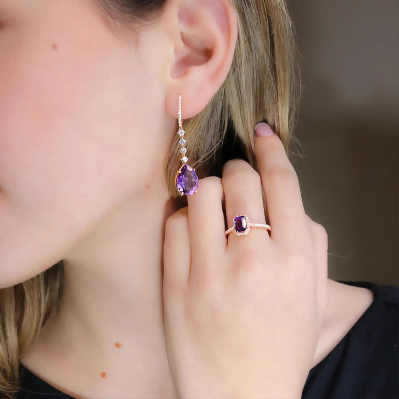Georgios Collections 18 Karat Rose Gold Long Pear Amethyst Earrings with Diamond