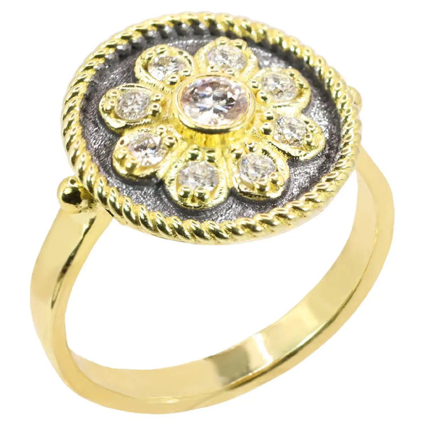 Georgios Collections 18 Karat Yellow Gold Flower Diamond Ring with Black Rhodium