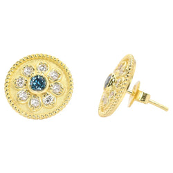 Georgios Collections 18 Karat Yellow Gold Flower Blue and White Diamond Earrings