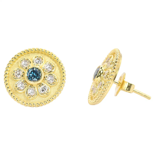 Georgios Collections 18 Karat Yellow Gold Flower Blue and White Diamond Earrings