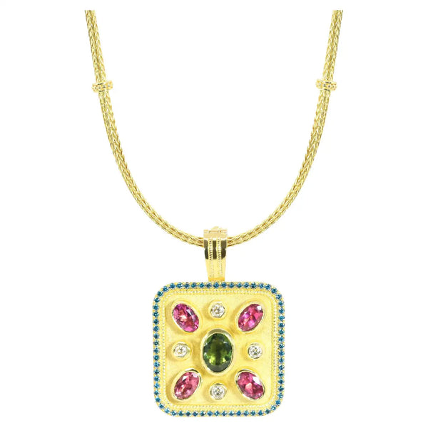 Georgios Collections 18 Karat Yellow Gold Tourmaline and Blue Diamond Pendant