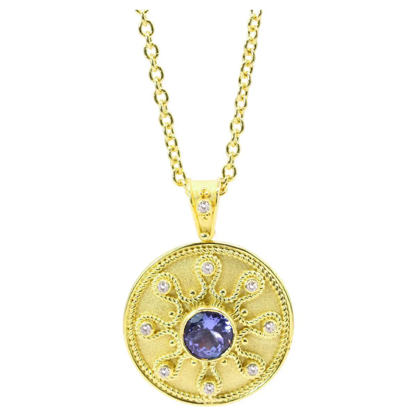 Georgios Collection 18 Karat Gold Tanzanite and Granulation Pendant with Chain