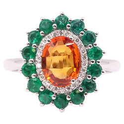 Georgios Collections 18 Karat White Gold Orange Sapphire and Emeralds Ring