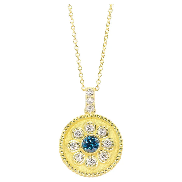 Georgios Collections 18 Karat Yellow Gold Flower Blue and White Diamond Pendant