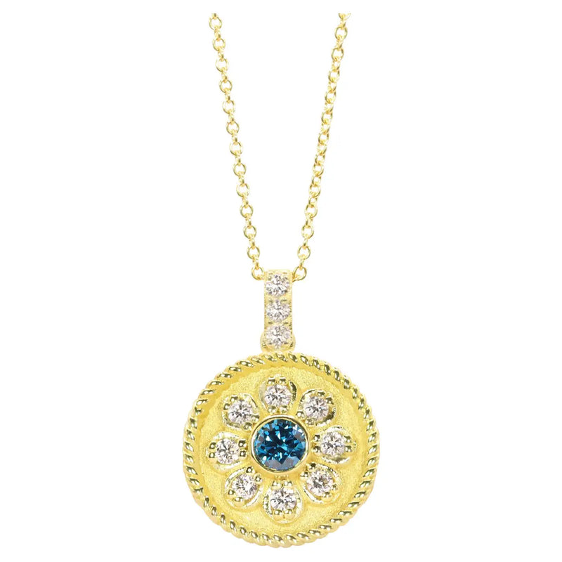 Georgios Collections 18 Karat Yellow Gold Flower Blue and White Diamond Pendant