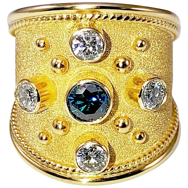 Georgios Collections 18 Karat Yellow Gold Blue and White Diamonds Wide Band Ring