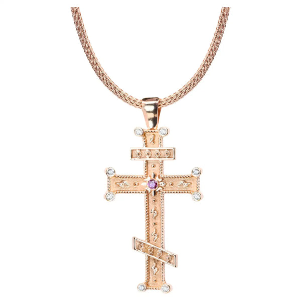 Georgios Collection 18 Karat Rose Gold Purple and White Diamond Cross with Chain