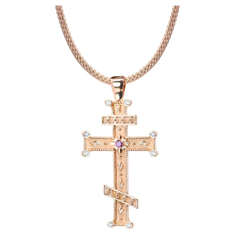 Georgios Collection 18 Karat Rose Gold Purple and White Diamond Cross with Chain