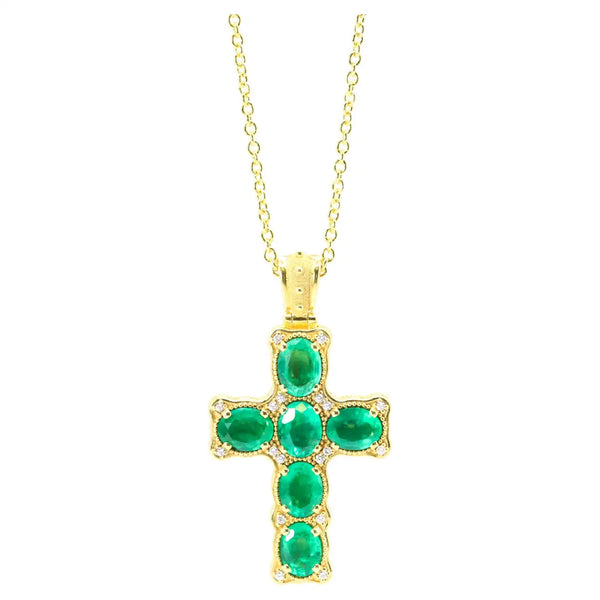 Georgios Collections 18 Karat Yellow Gold Emerald Cross Necklace with Chain