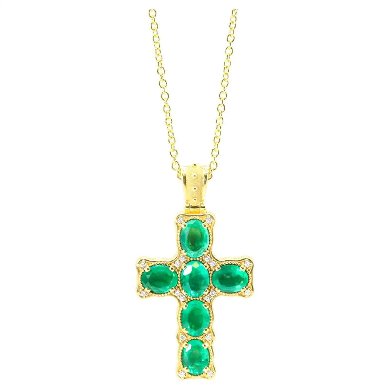 Georgios Collections 18 Karat Yellow Gold Emerald Cross Necklace with Chain