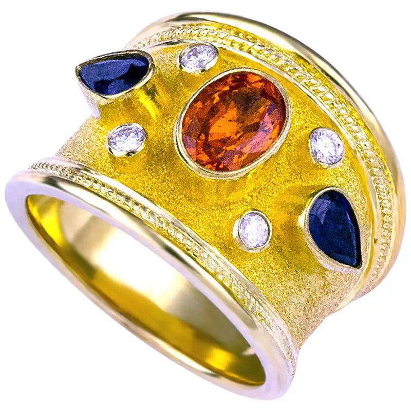 Georgios Collections 18 Karat Yellow Gold Diamond Multicolor Sapphires Wide Ring