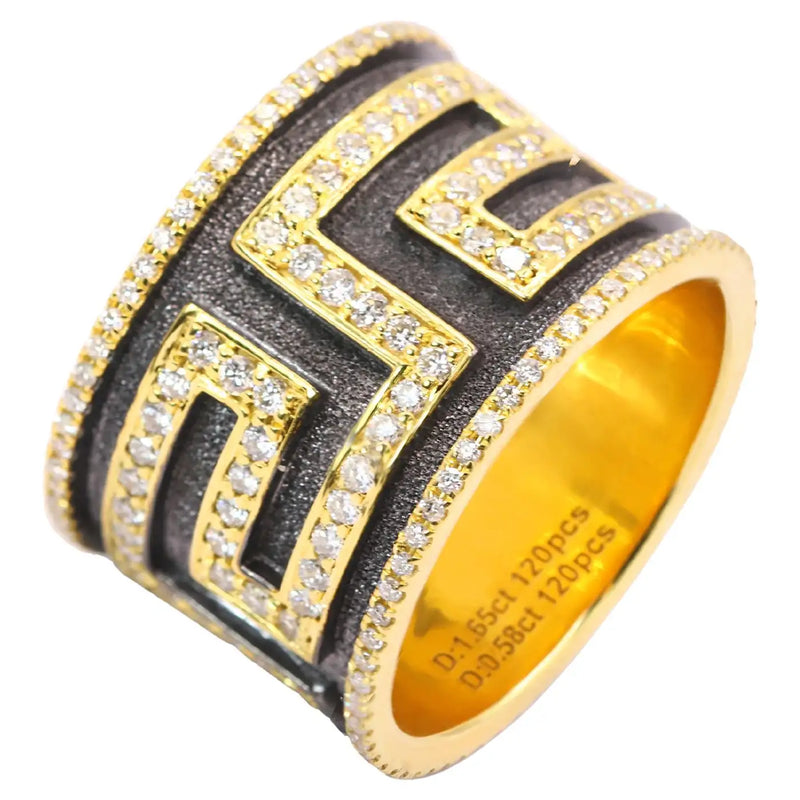 Georgios Collections 18 Karat Gold Greek Key Diamond Ring with Black Rhodium