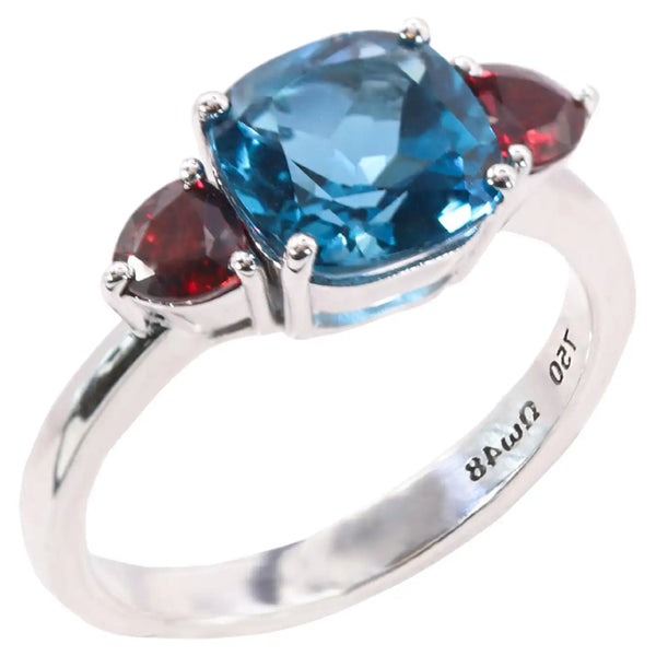 Georgios Collections 18 Karat White Blue Topaz Cushion Ring with Rubies