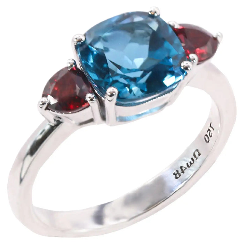 Georgios Collections 18 Karat White Blue Topaz Cushion Ring with Rubies