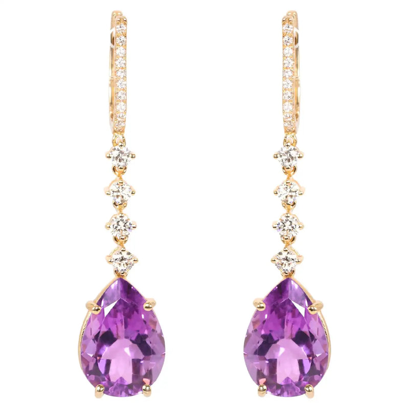 Georgios Collections 18 Karat Rose Gold Long Pear Amethyst Earrings with Diamond