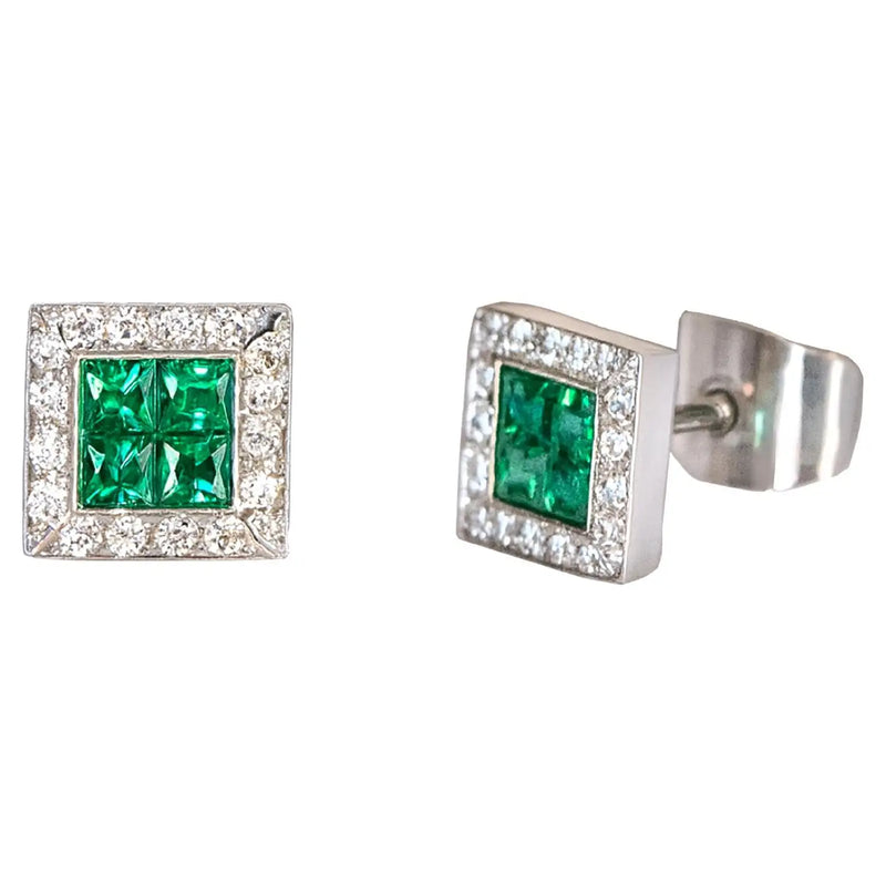 Georgios Collections 18 Karat White Gold Square Emerald Earrings with Diamonds