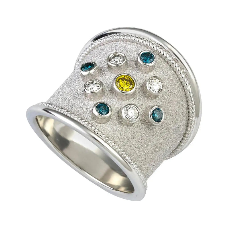 Georgios Collections 18 Karat White Gold Blue White Yellow Diamond Thick Ring