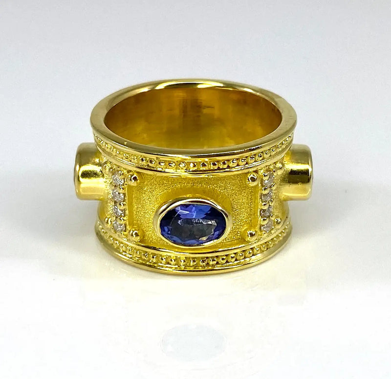 Georgios Collections 18 Karat Yellow Gold Tanzanite and Diamond Wide Band Ring