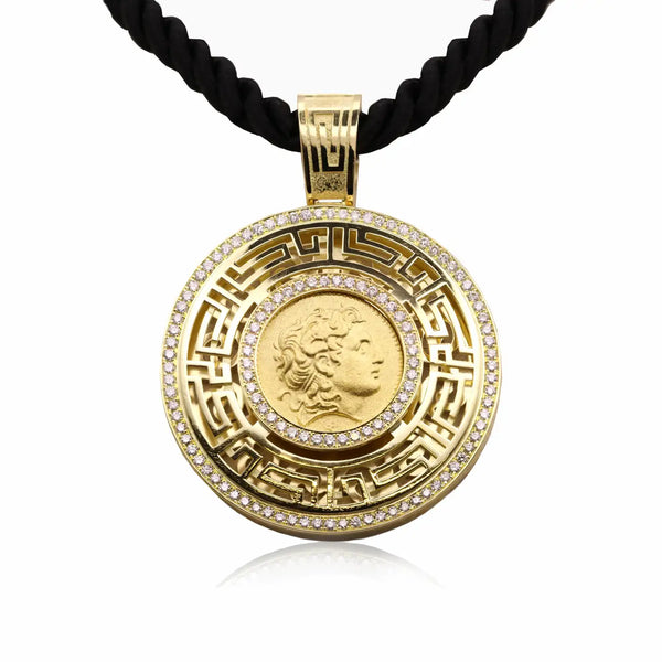 Georgios Collections 18 Karat Gold Diamond Coin Pendant of Alexander with Cord