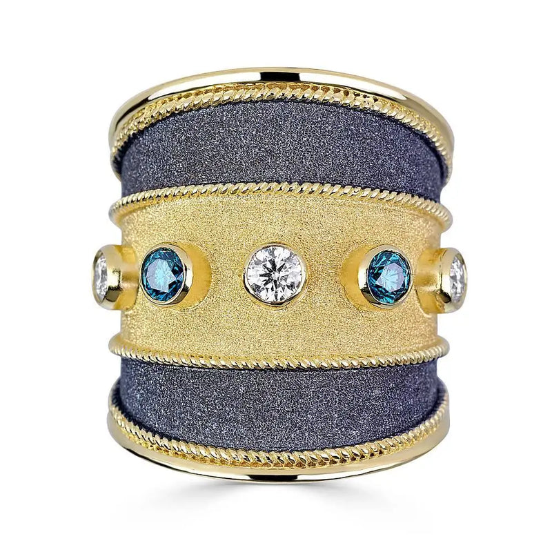 Georgios Collections 18 Karat Yellow Gold Two-Tone Blue White Diamond Wide Ring