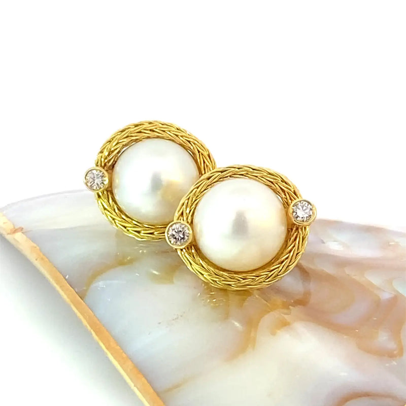 Georgios Collections 18 Karat Yellow Gold Diamond and South Sea Pearl Earrings