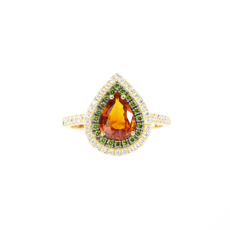 Georgios Collections 18 Karat Yellow Gold Orange Sapphire & Green Diamods Ring