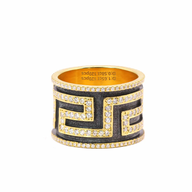 Georgios Collections 18 Karat Gold Greek Key Diamond Ring with Black Rhodium