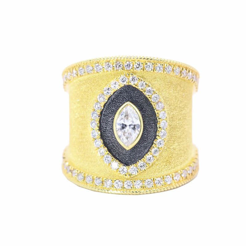 Georgios Collections 18 Karat Yellow Gold Navette Diamond Ring and Black Rhodium