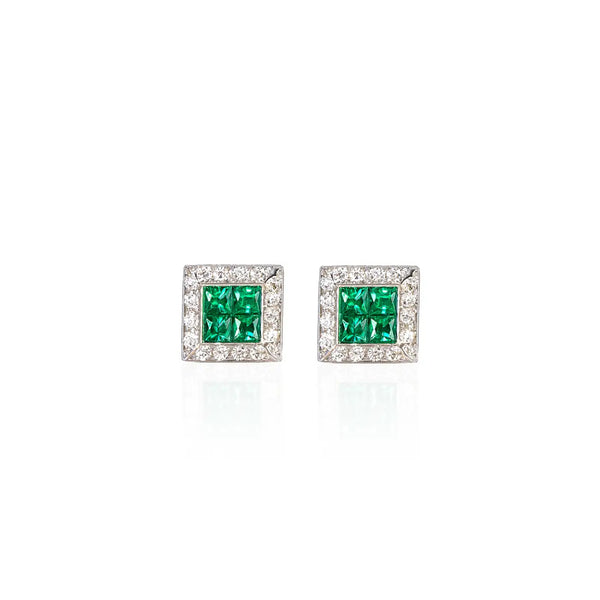 Georgios Collections 18 Karat White Gold Square Emerald Earrings with Diamonds