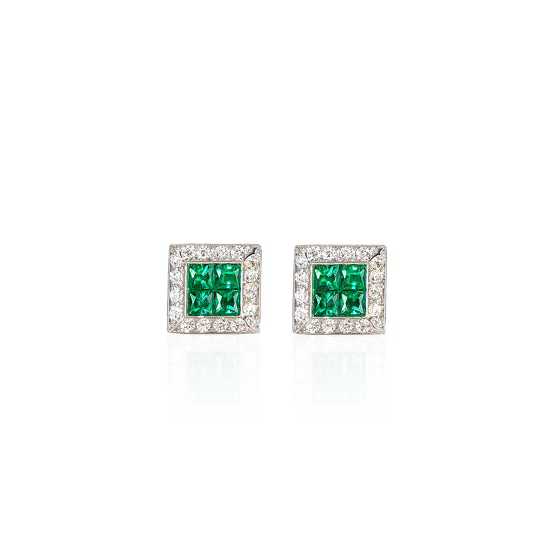 Georgios Collections 18 Karat White Gold Square Emerald Earrings with Diamonds