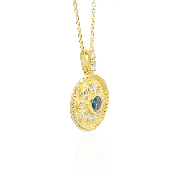Georgios Collections 18 Karat Yellow Gold Flower Blue and White Diamond Pendant