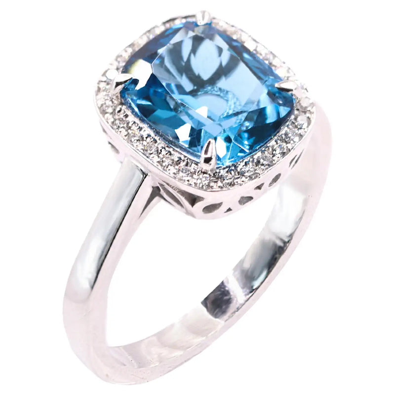 Georgios Collections 18 Karat White Gold Blue Topaz Ring with Diamond Bezel