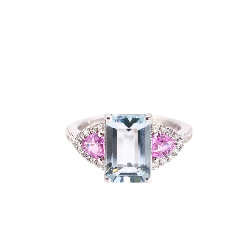 Georgios Collections 18K White Gold Aquamarine, Diamonds and Pink Sapphires Ring