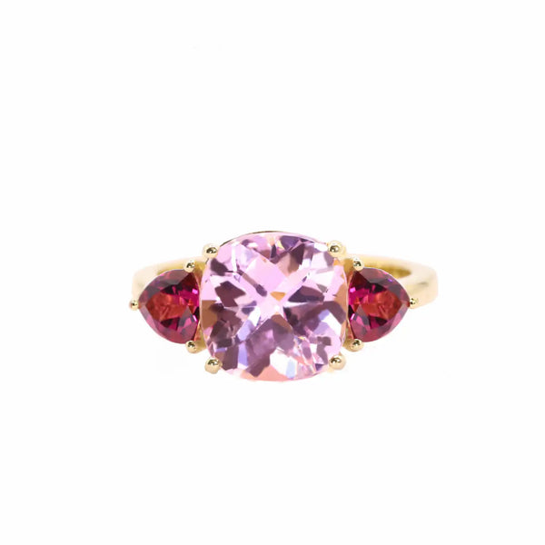 Georgios Collections 18 Karat Yellow Kunzite Cushion Ring with Tourmalines