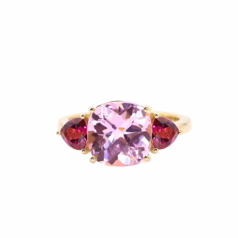 Georgios Collections 18 Karat Yellow Kunzite Cushion Ring with Tourmalines