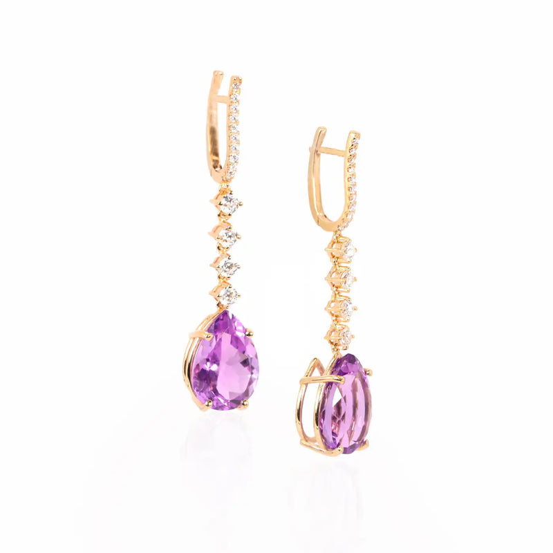 Georgios Collections 18 Karat Rose Gold Long Pear Amethyst Earrings with Diamond