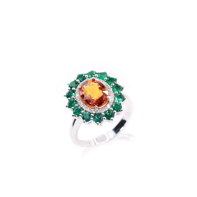 Georgios Collections 18 Karat White Gold Orange Sapphire and Emeralds Ring