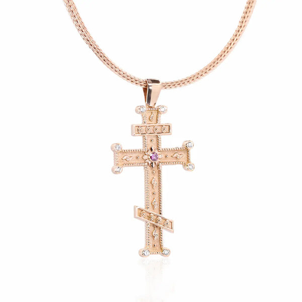 Georgios Collection 18 Karat Rose Gold Purple and White Diamond Cross with Chain