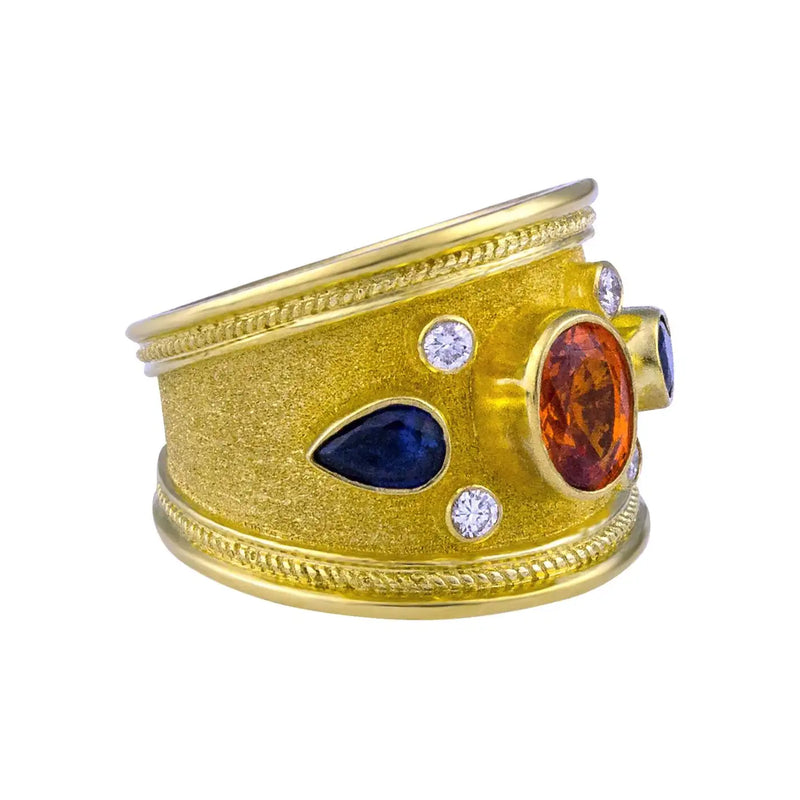 Georgios Collections 18 Karat Yellow Gold Diamond Multicolor Sapphires Wide Ring