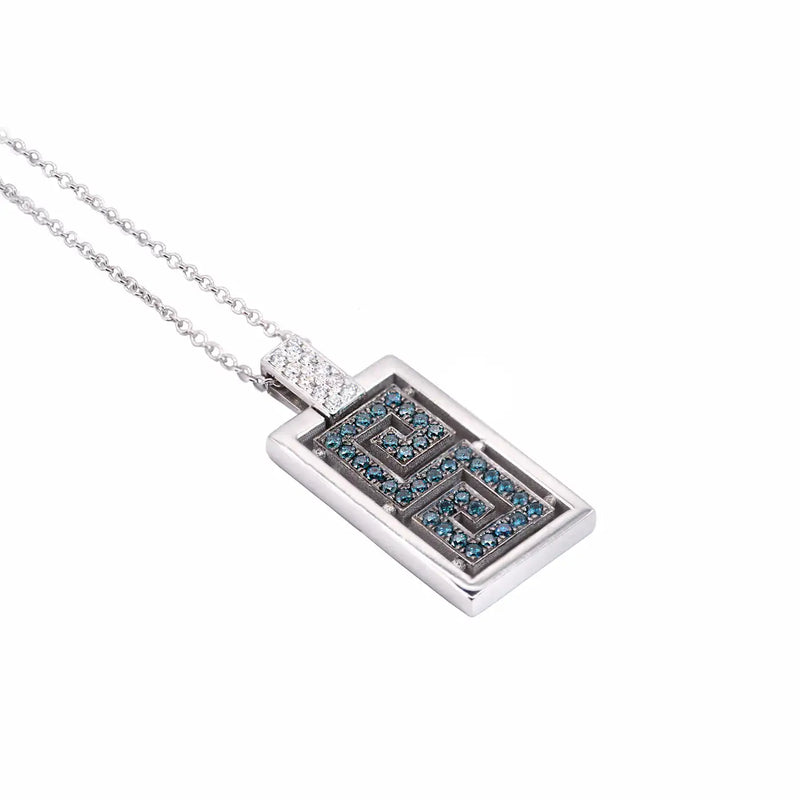 Georgios Collections 18 Karat White Gold Greek Key Design Blue Diamond Pendant