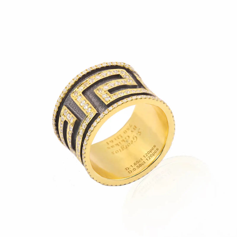 Georgios Collections 18 Karat Gold Greek Key Diamond Ring with Black Rhodium