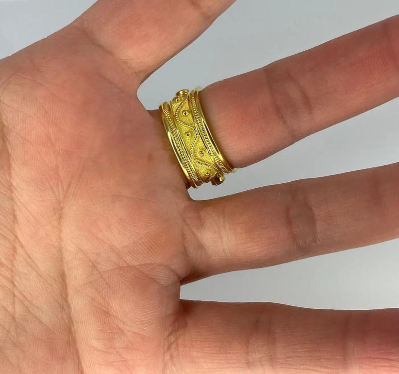 Georgios Collections 18 Karat Yellow Gold 5 Diamond Byzantine Ring Granulation
