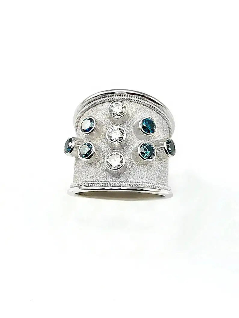 Georgios Collections 18 Karat White Gold Blue and White Diamonds Wide Band Ring