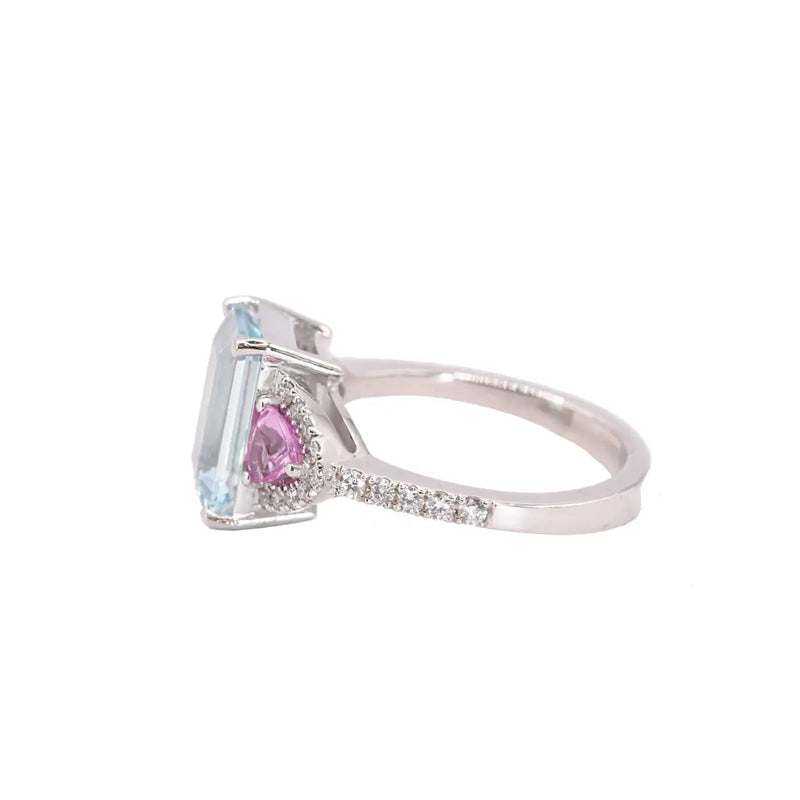 Georgios Collections 18K White Gold Aquamarine, Diamonds and Pink Sapphires Ring