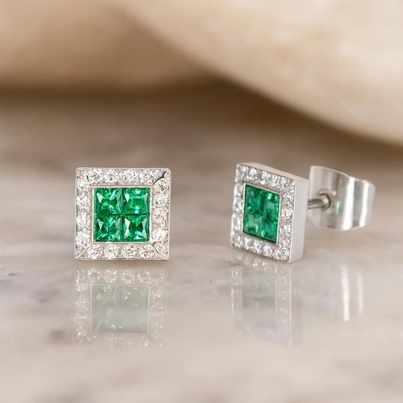 Georgios Collections 18 Karat White Gold Square Emerald Earrings with Diamonds