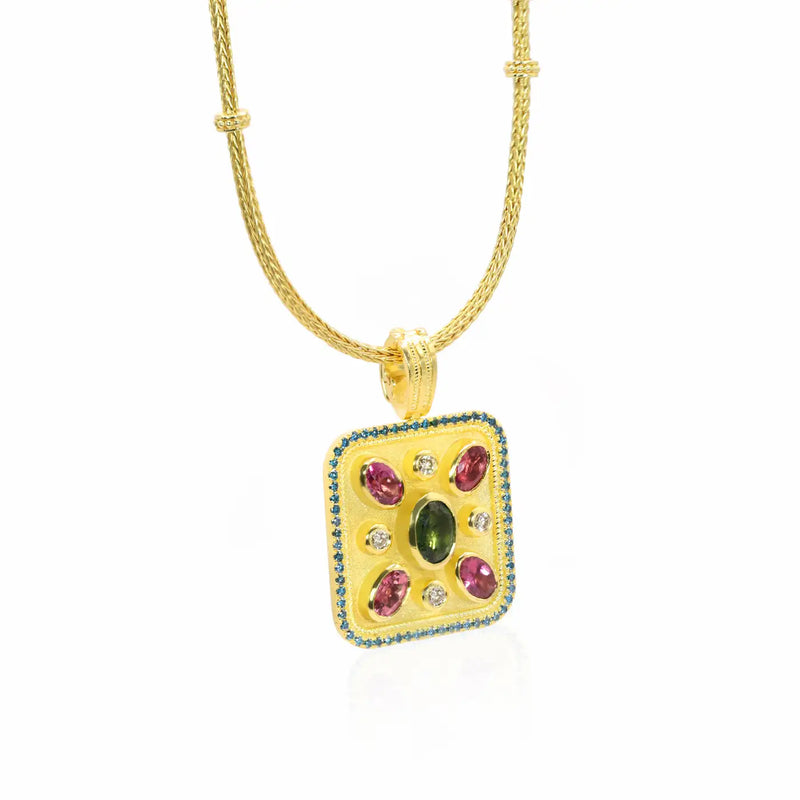 Georgios Collections 18 Karat Yellow Gold Tourmaline and Blue Diamond Pendant