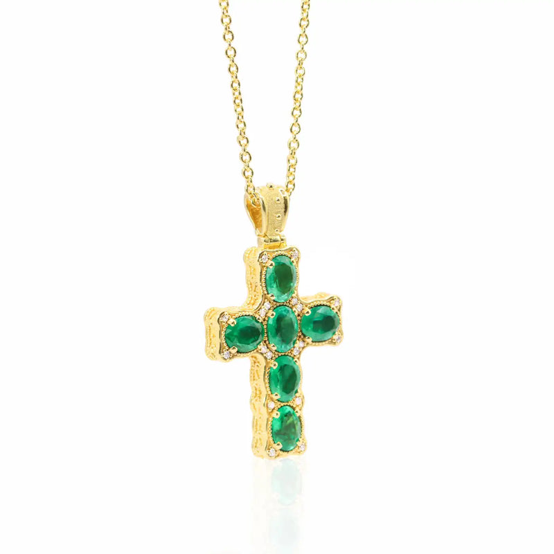 Georgios Collections 18 Karat Yellow Gold Emerald Cross Necklace with Chain