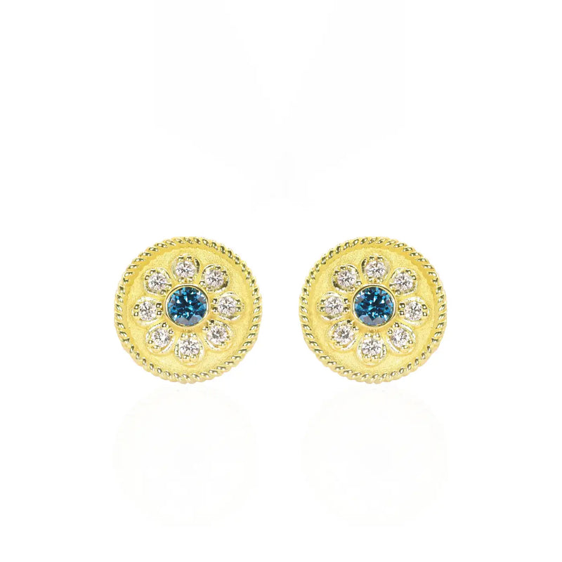 Georgios Collections 18 Karat Yellow Gold Flower Blue and White Diamond Earrings