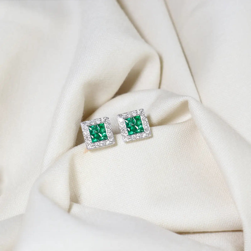 Georgios Collections 18 Karat White Gold Square Emerald Earrings with Diamonds